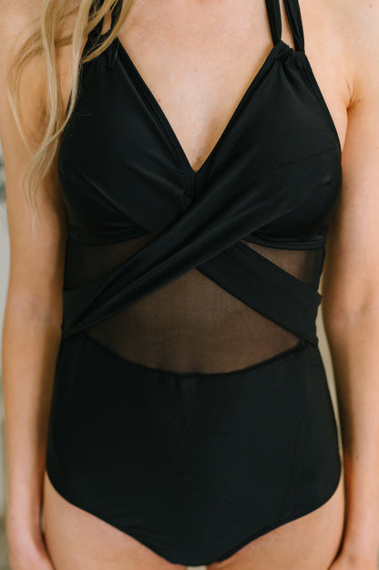 Mesh Detail Halter One Piece Swimsuit