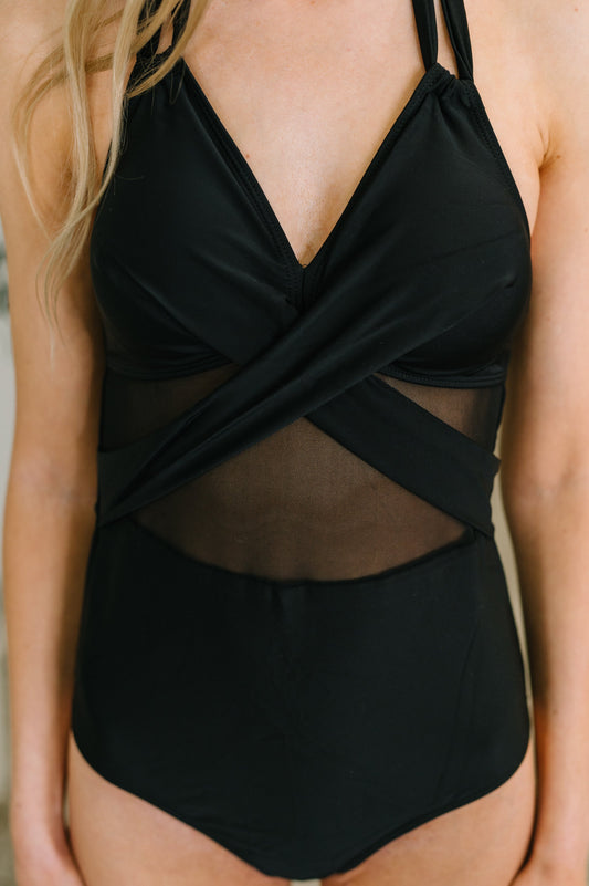 Mesh Detail Halter One Piece Swimsuit