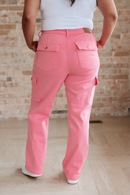 Judy Blue Peggy Cargo Straight Jeans in Pink