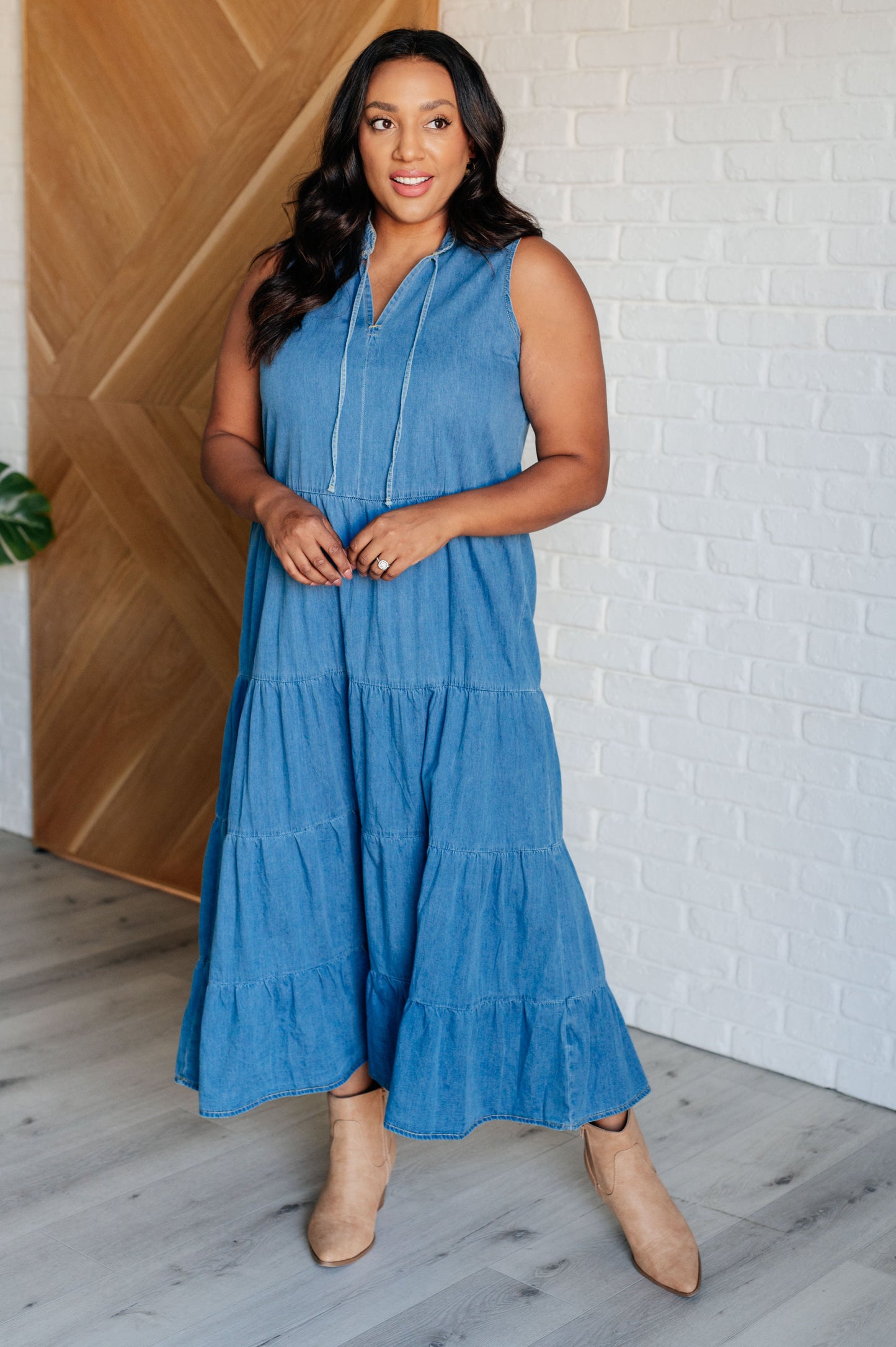 Chambray Tiered Maxi Dress