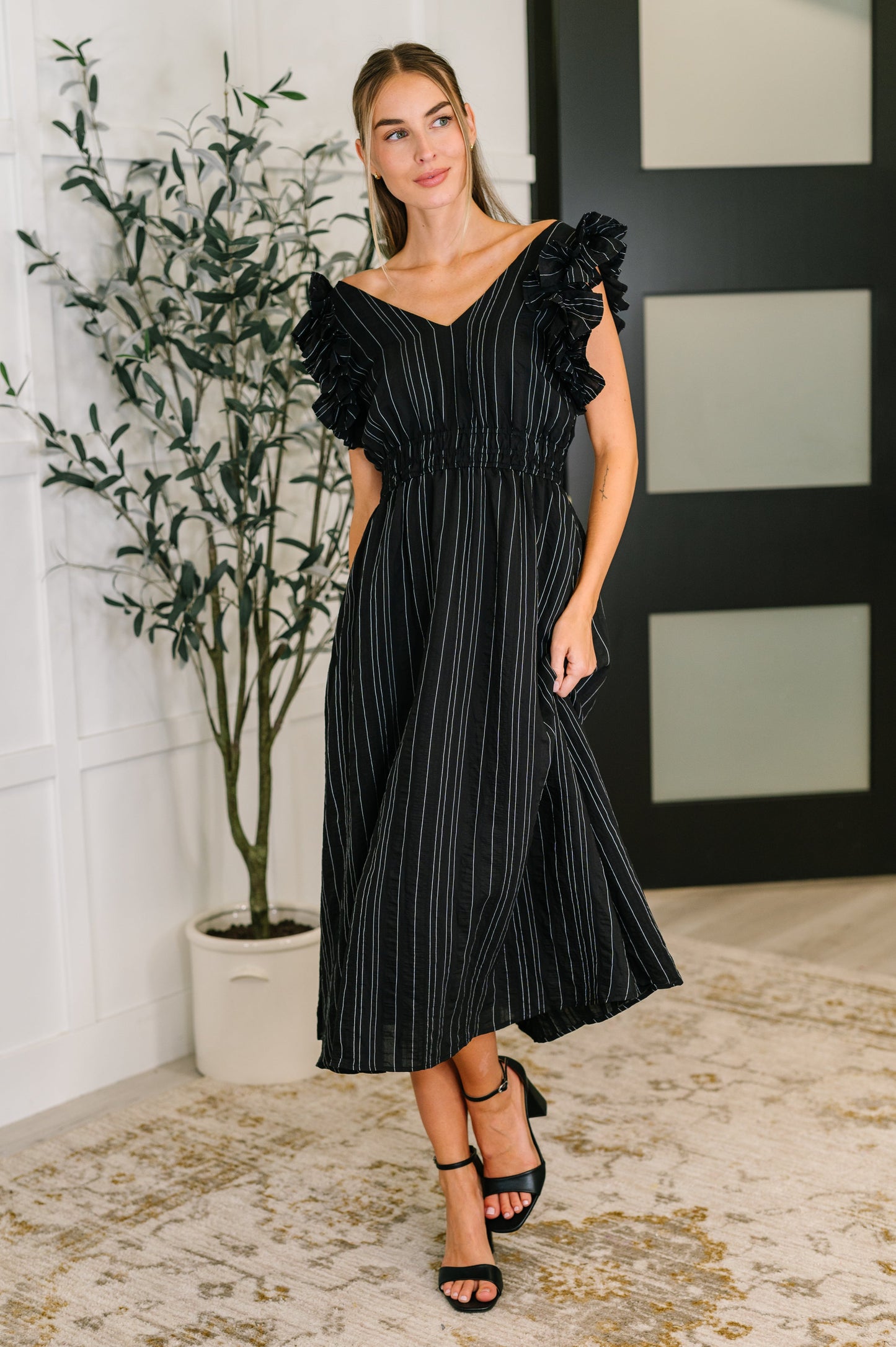Structured Pinstripe Midi Dress in Black