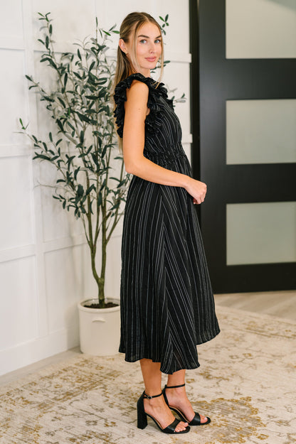 Structured Pinstripe Midi Dress in Black