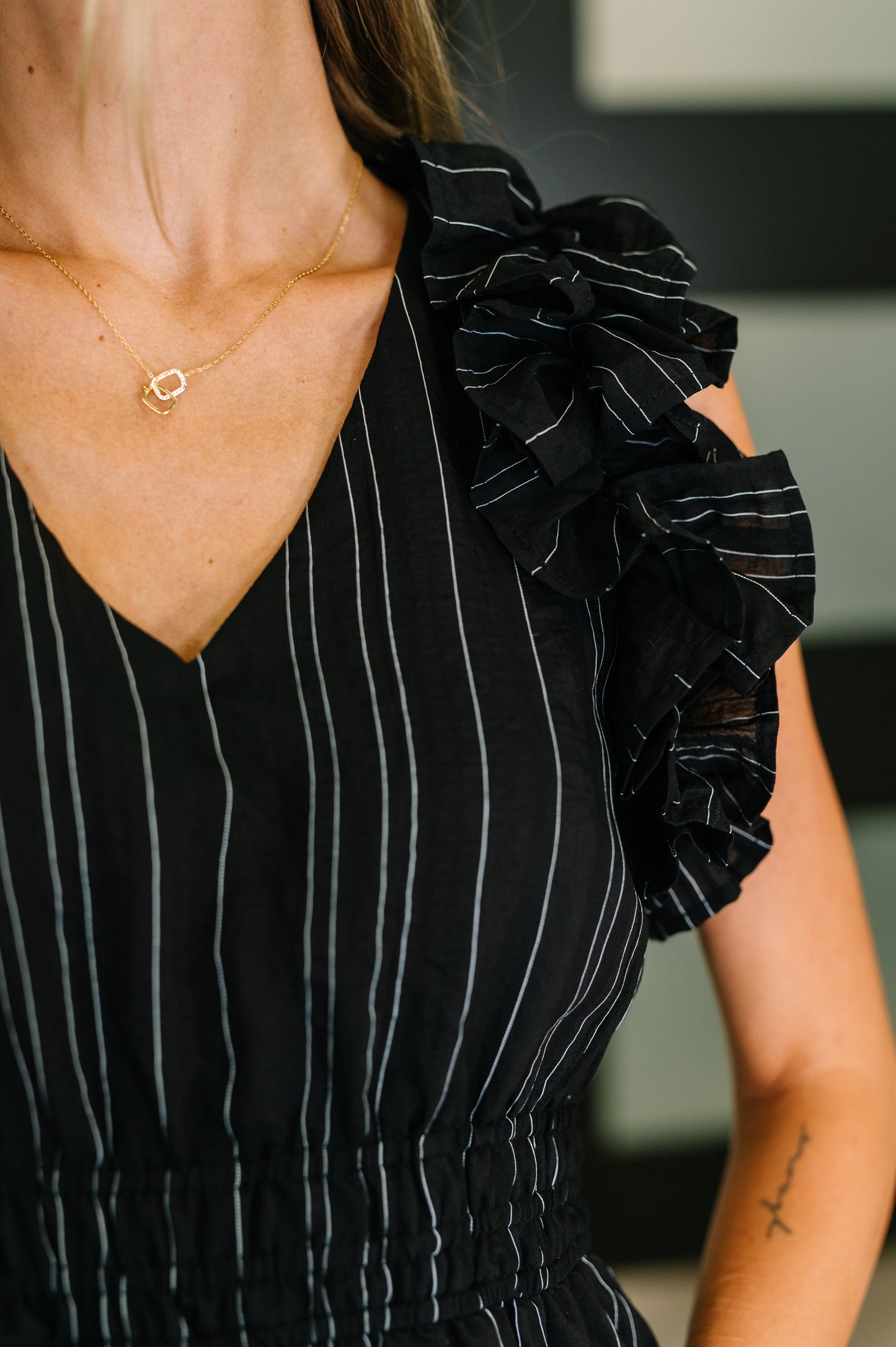 Structured Pinstripe Midi Dress in Black