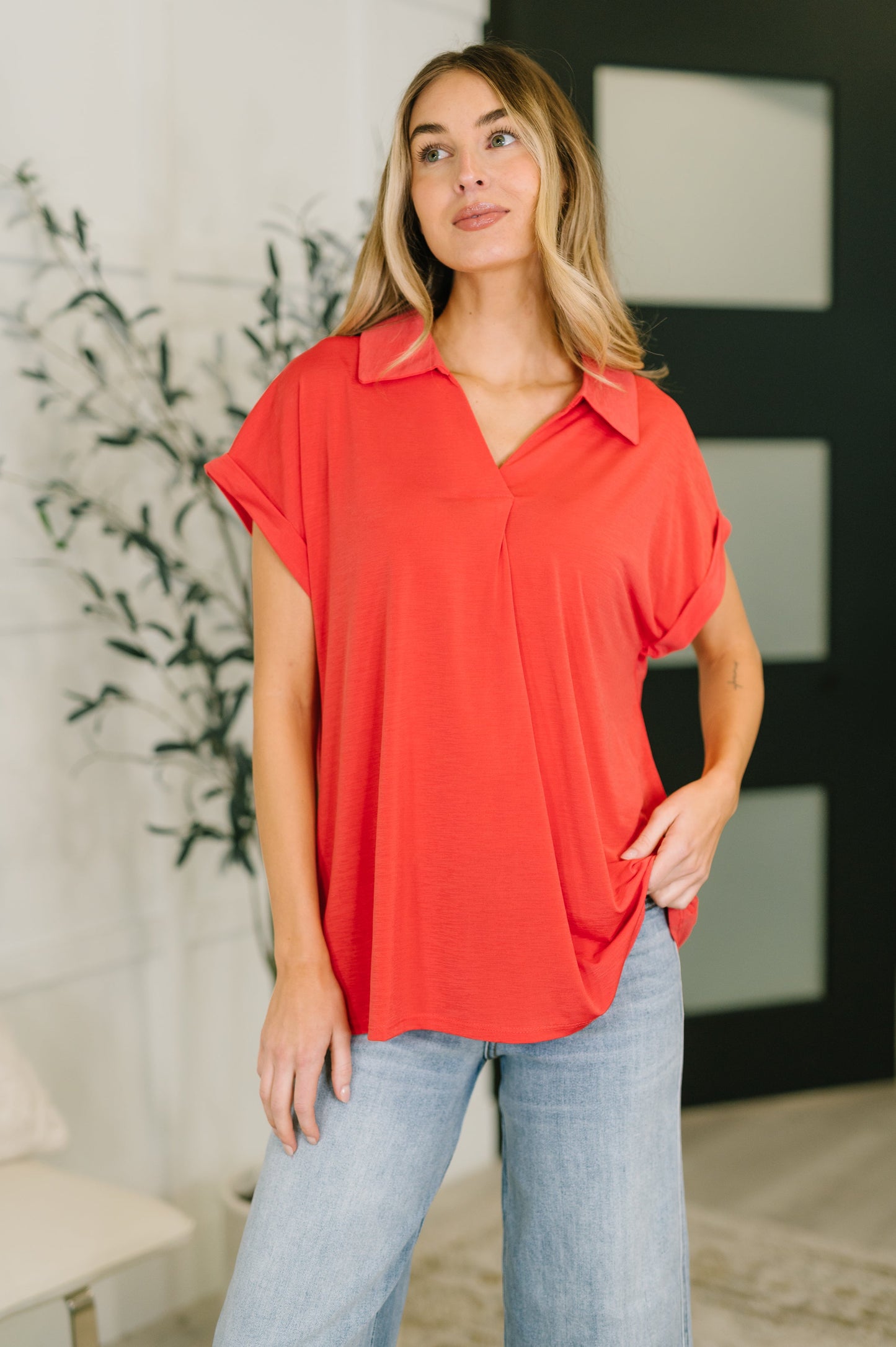 Always Put Together Collared Top in Hot Coral