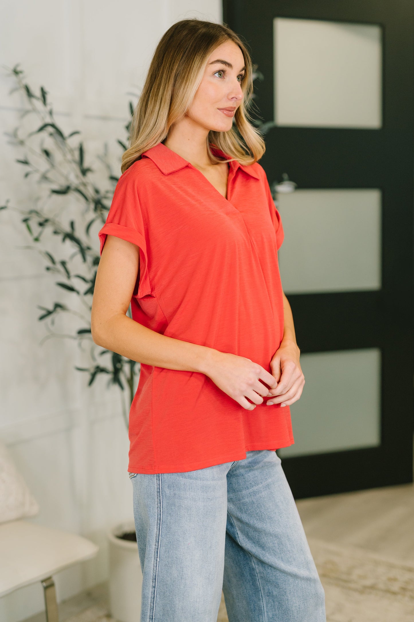 Always Put Together Collared Top in Hot Coral