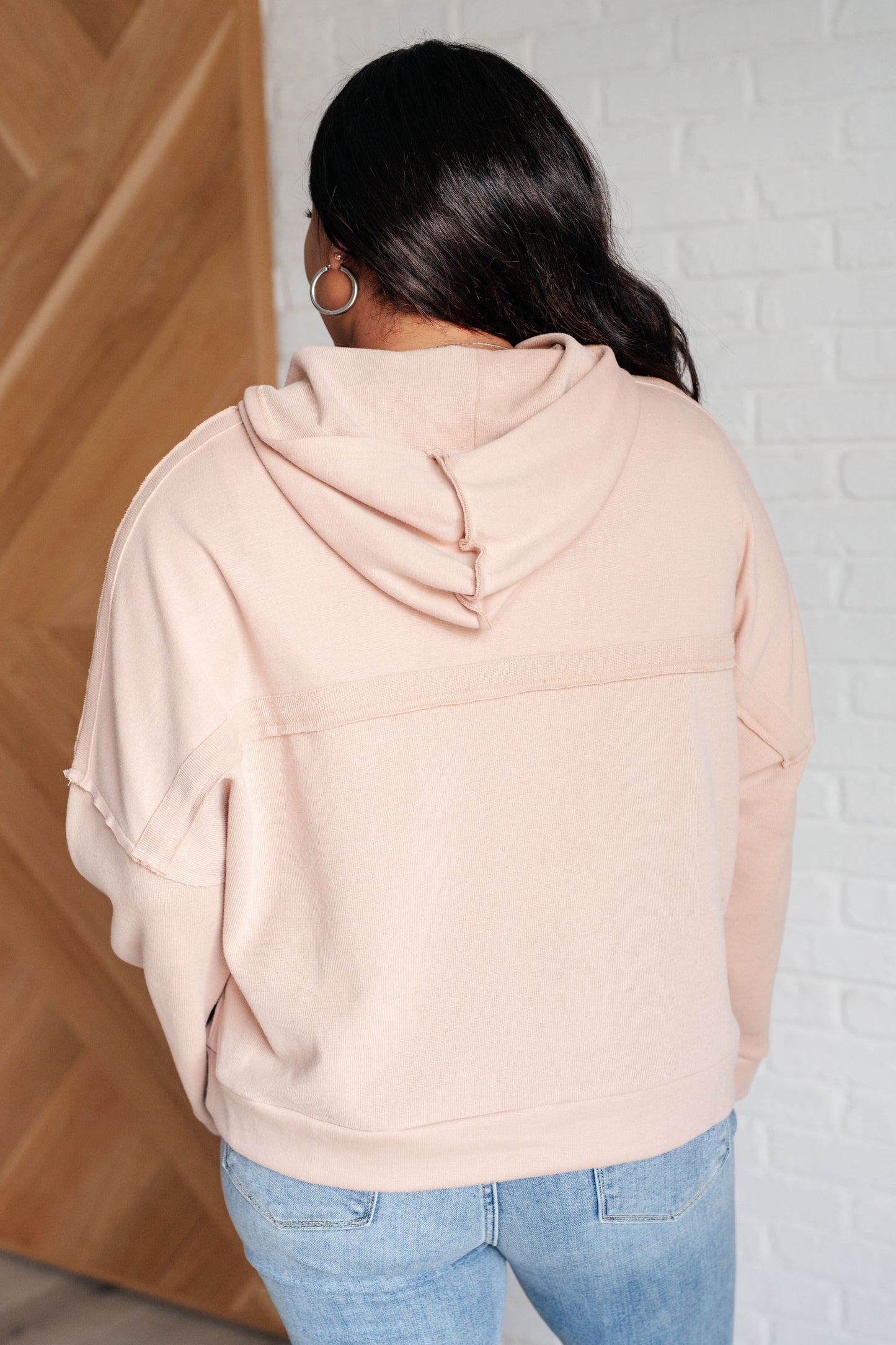 Structured Ribbed Button Front Hoodie in Beige