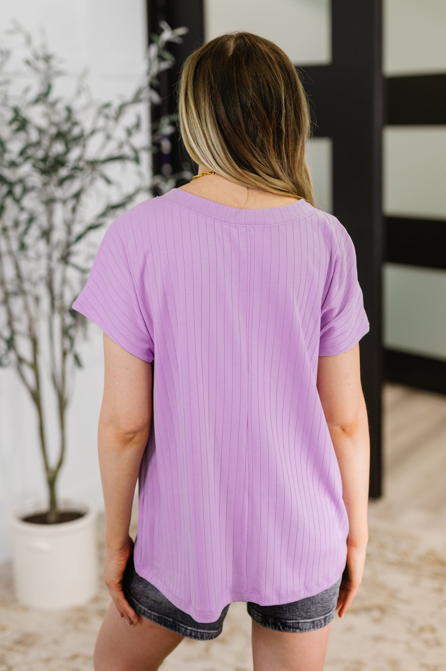Cloud Soft Ribbed V Neck T Shirt in Lavender