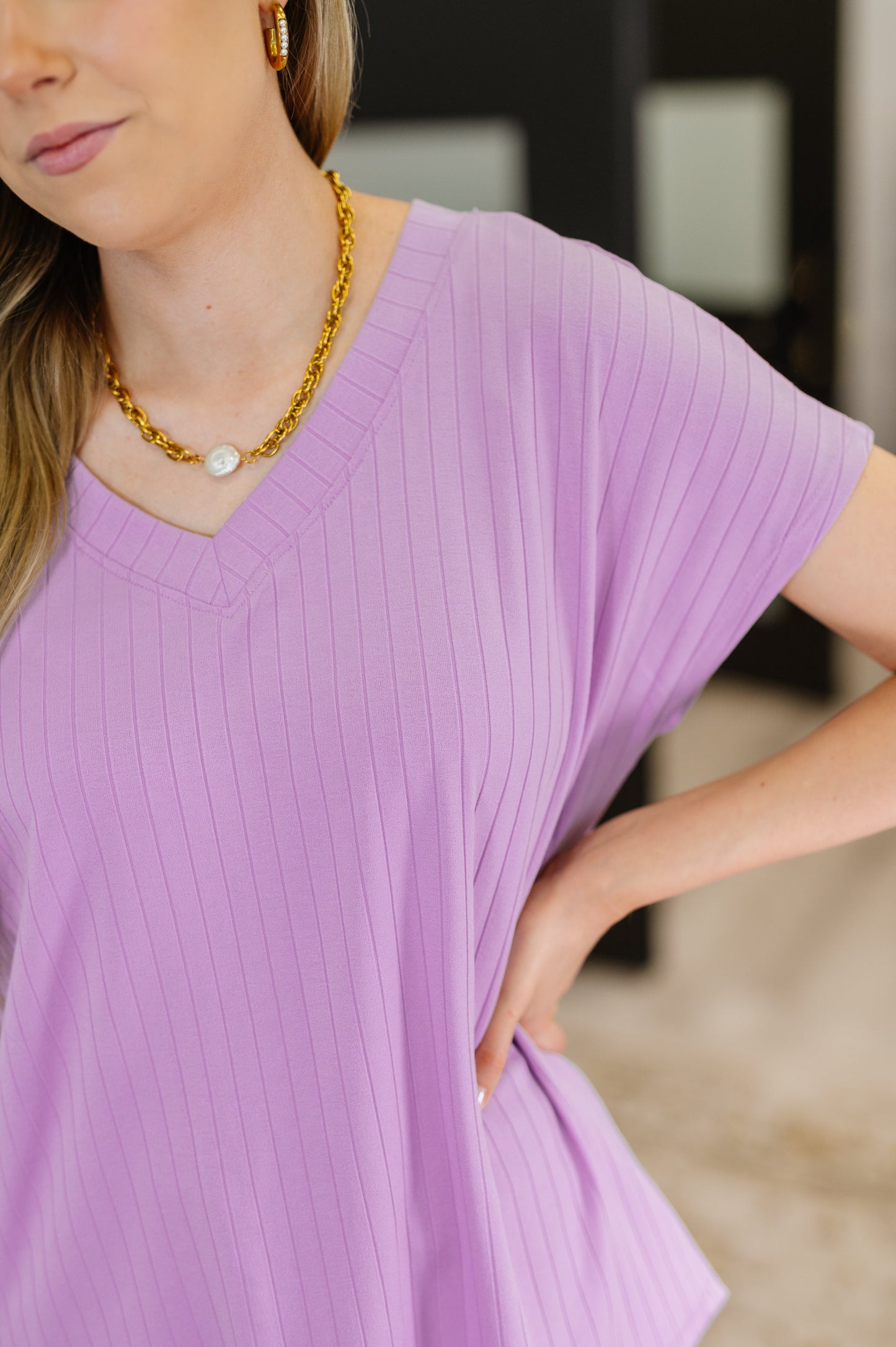 Cloud Soft Ribbed V Neck T Shirt in Lavender