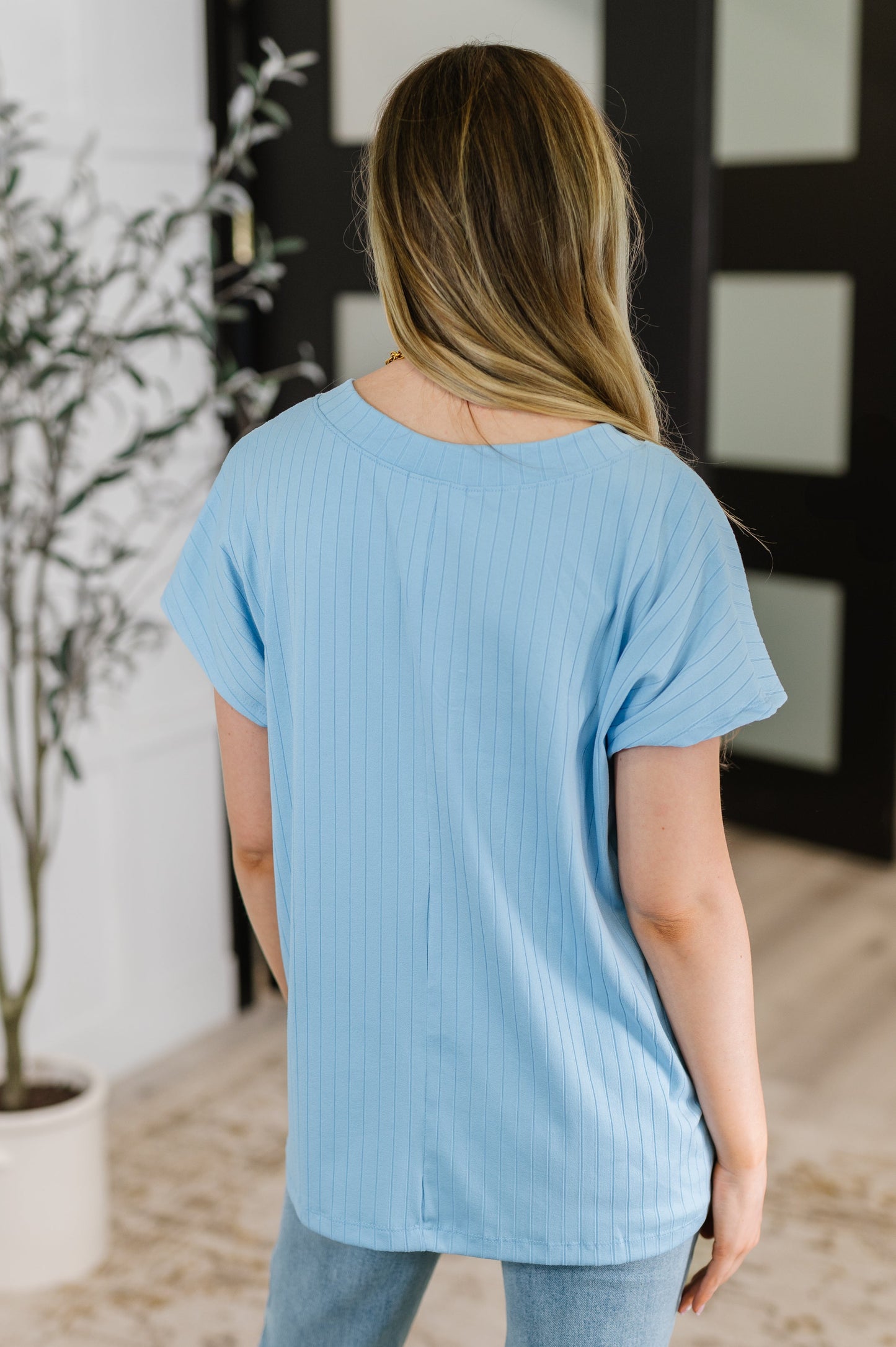 Cloud Soft Ribbed V Neck T Shirt in Sky Blue