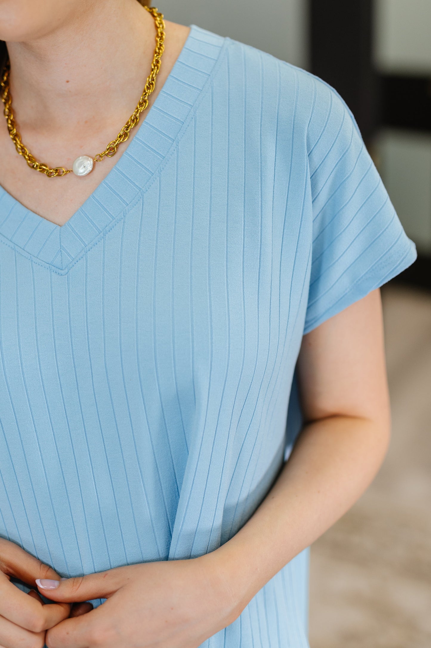 Cloud Soft Ribbed V Neck T Shirt in Sky Blue