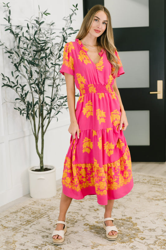 Fuchsia Smocked Waist Tiered Dress