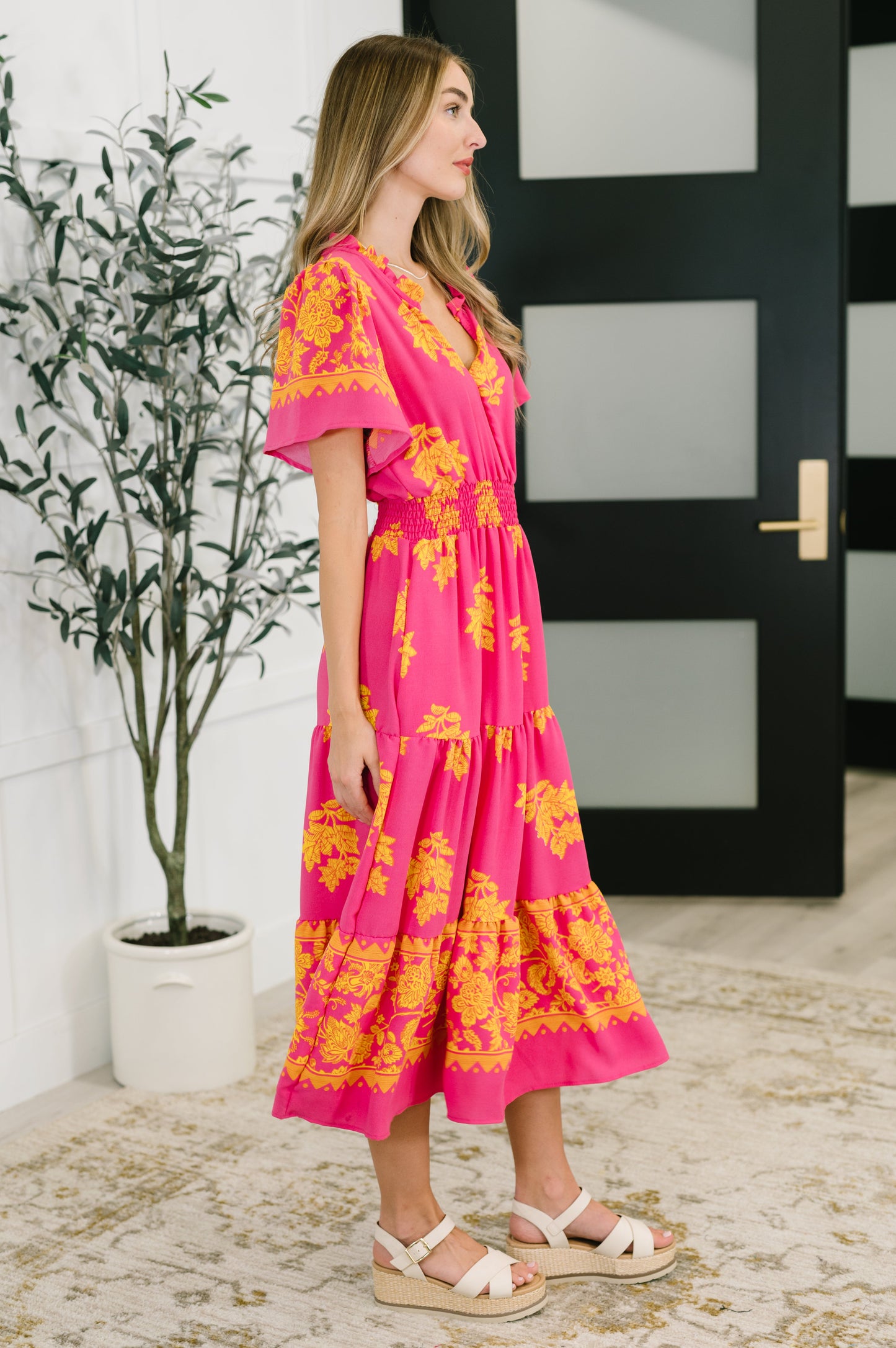 Fuchsia Smocked Waist Tiered Dress