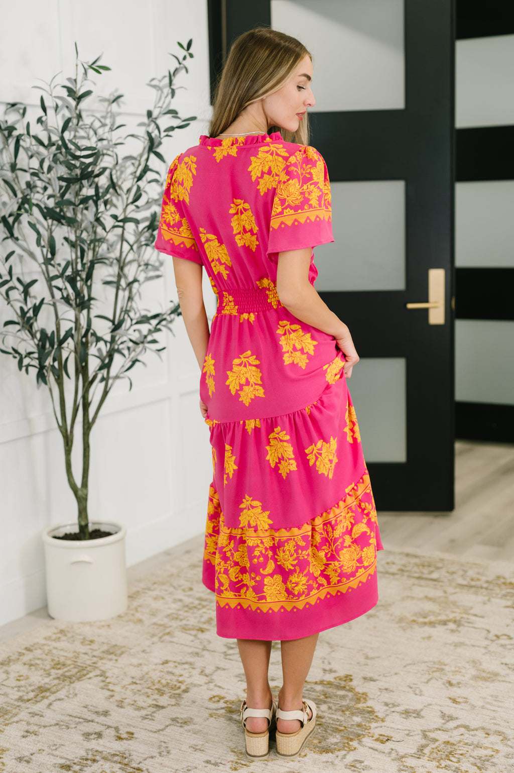 Fuchsia Smocked Waist Tiered Dress