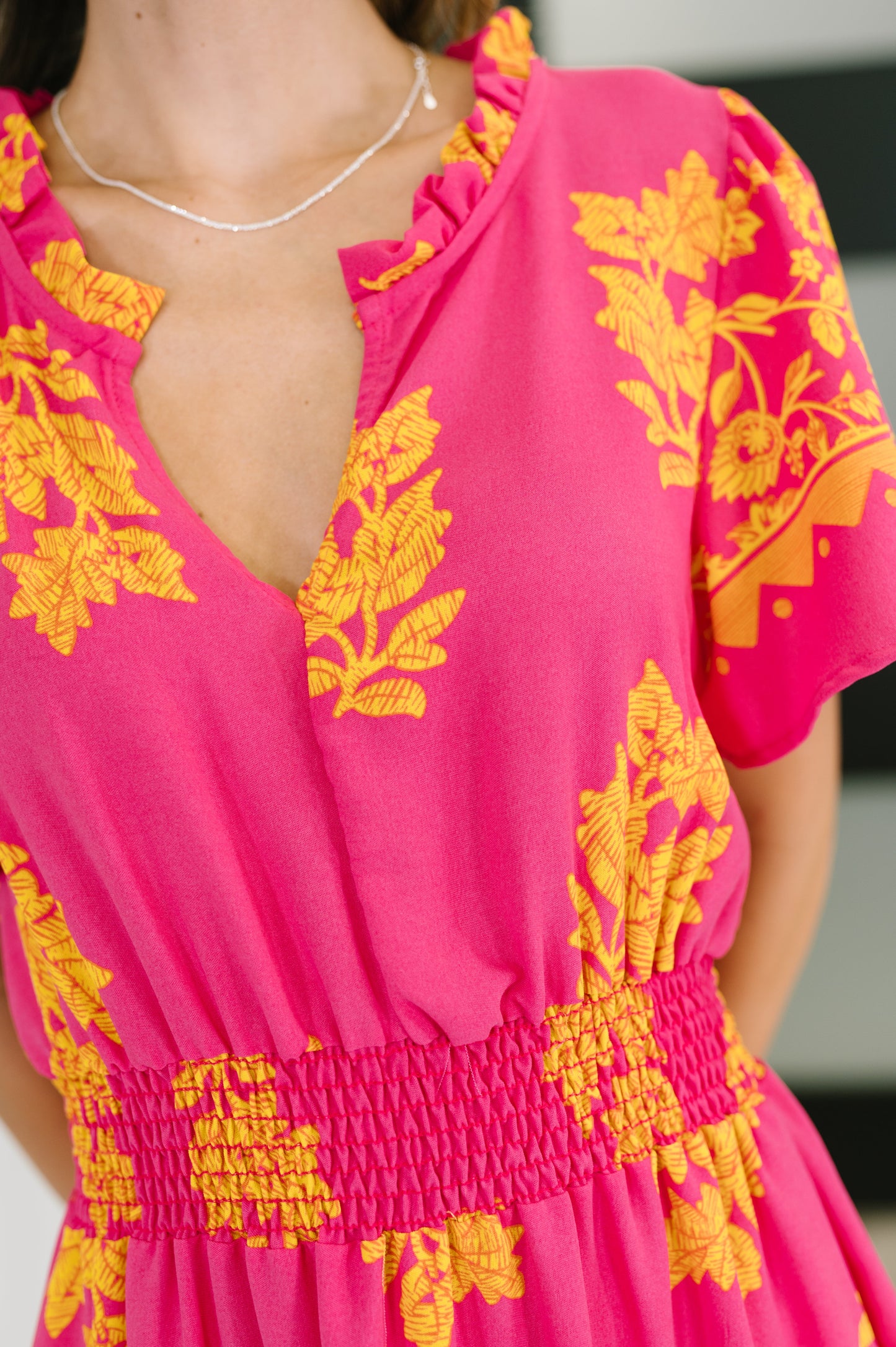 Fuchsia Smocked Waist Tiered Dress